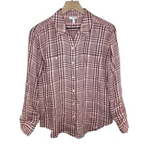 Joie 100% Linen Button Down Roll Tab Sleeves Coastal Plaid Shirt Size Small
